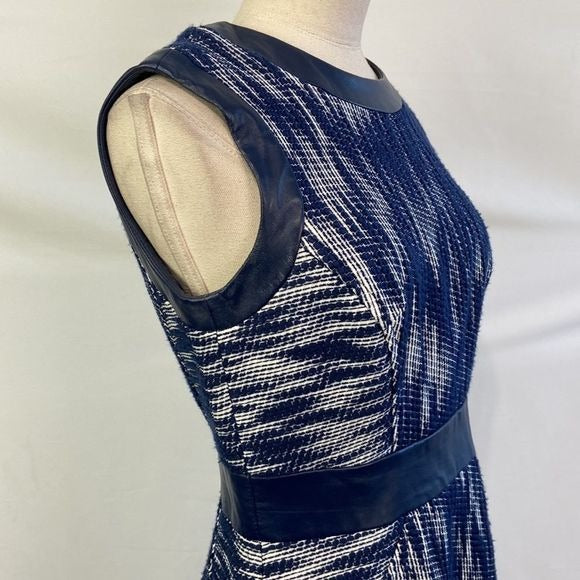 Milly Blue Print Sheath with Lamb Leather Trim Dress