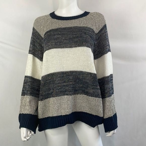 Bruno Cucinelli White Blue Sparkle Gray Sparkle Striped Sweater