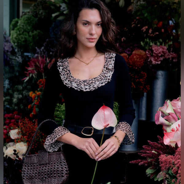 RIXO Black Knit Dress with Animal Print Details.