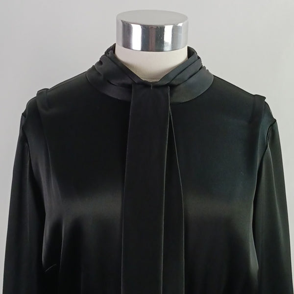 St. John Black Satin Tie Neck Top / Knit Bottom Long Sleeve Dress