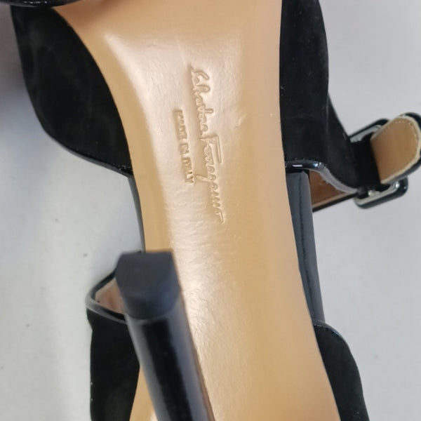 Salvatore Ferragamo Black Suede Patent Mary Jane New Stiletto Shoes.