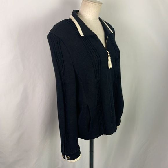 St John Black With Cream Trim Zip Jacket Sweater