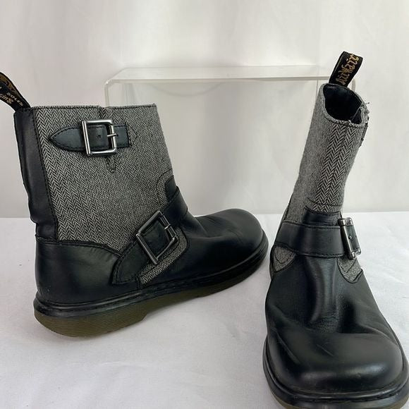 Dr Marten Grey Fabric With Black Leather Ankle Boots