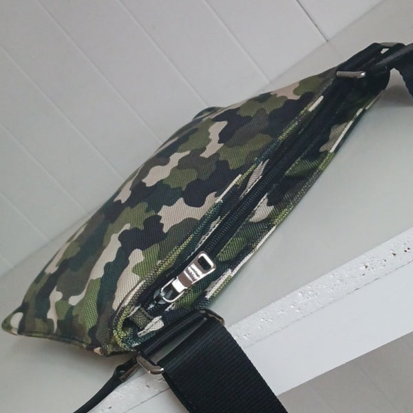 Prada Green Camo Canvas  Messenger Bag with Black Strap.