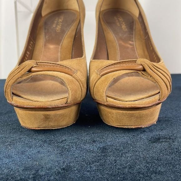 Sergio Rossi Tan Suede Peep Toe Platforms