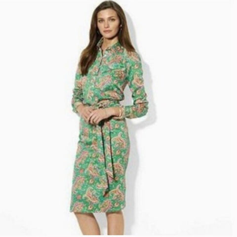 Ralph Lauren Green Paisley Long Sleeve Shirt Dress.