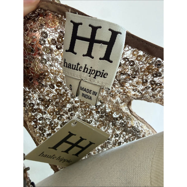 HAUTE HIPPIE NWT GOLD BEADED DRAPE NECK BODYSUIT