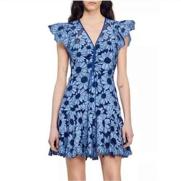 Sandro Blue Floral Lace Mini New Dress.