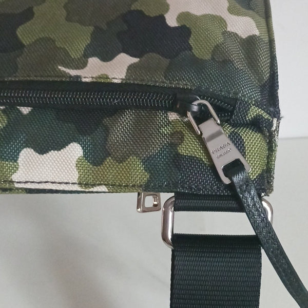 Prada Green Camo Canvas  Messenger Bag with Black Strap.