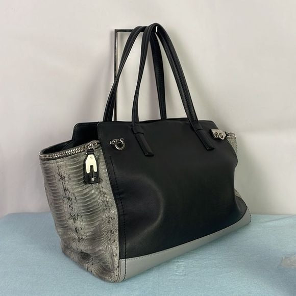 SALVATORE FERRAGAMO LARGE BLACK LEATHER AND GREY SNAKE BAG