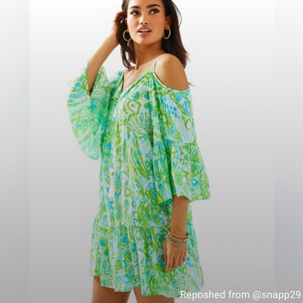 Lilly Pulitzer Green Blue Print Mini Tie Neck Dress