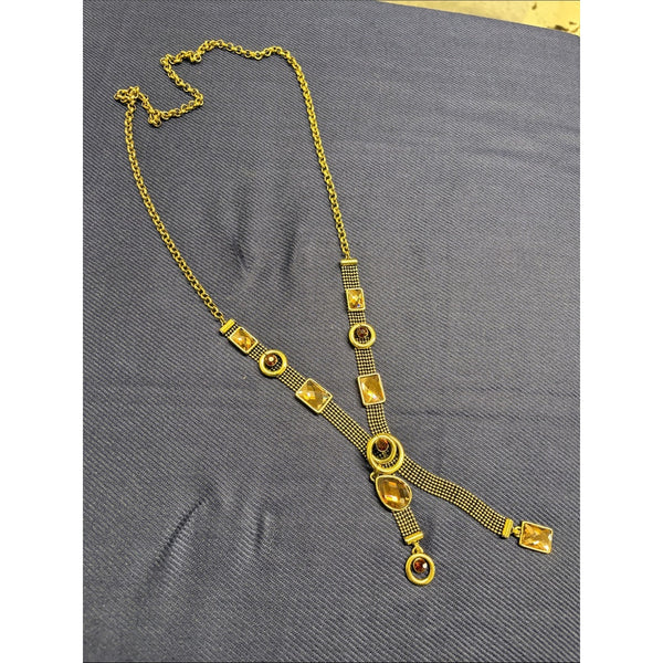 Vtg mesh and crystalGold-Tone Women’s Statement Necklace with Amber Gem Accents