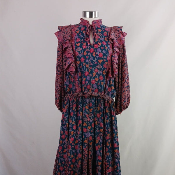 Diane Fres Vintage Multi Print Tie Front W Ruffles Long Dress.