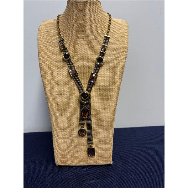 Vtg mesh and crystalGold-Tone Women’s Statement Necklace with Amber Gem Accents