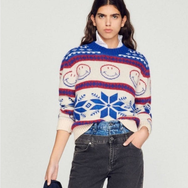 Sandro Red, White and Blue Smiley Sweater
