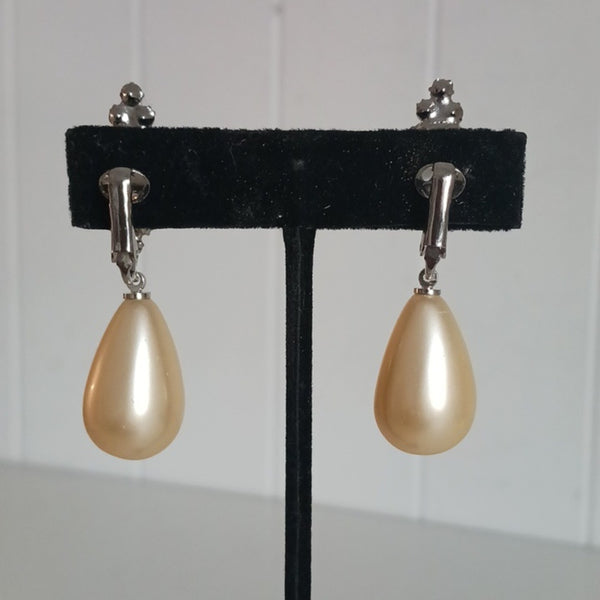 Kenneth Jay Lane Vintage Blue Stone and Large Pearl Clips Earrings.