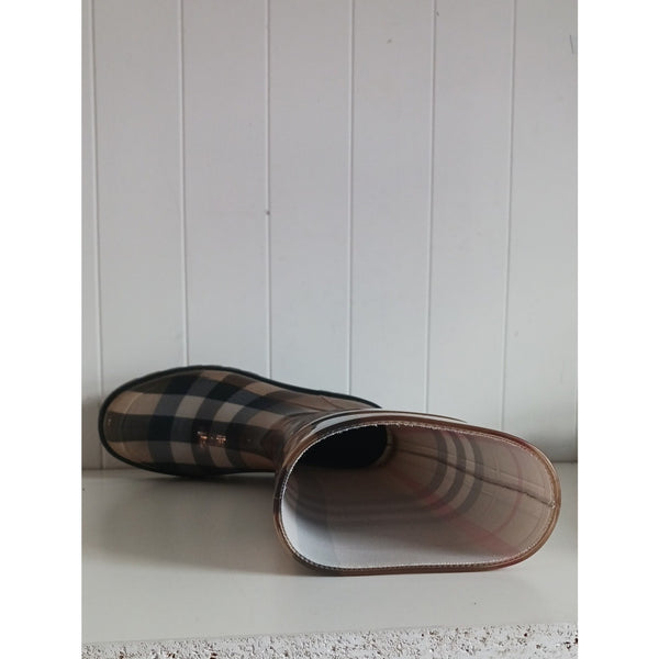 BURBERRY TAN PLAID RUBBER MID CALF RAIN BOOTS.