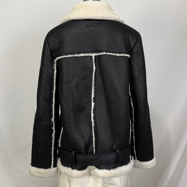 Aqua Size S Black faux shearling moto