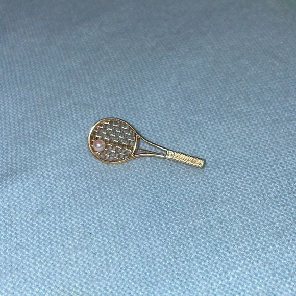 14k Gold Tennis Racket w Pearl Pin