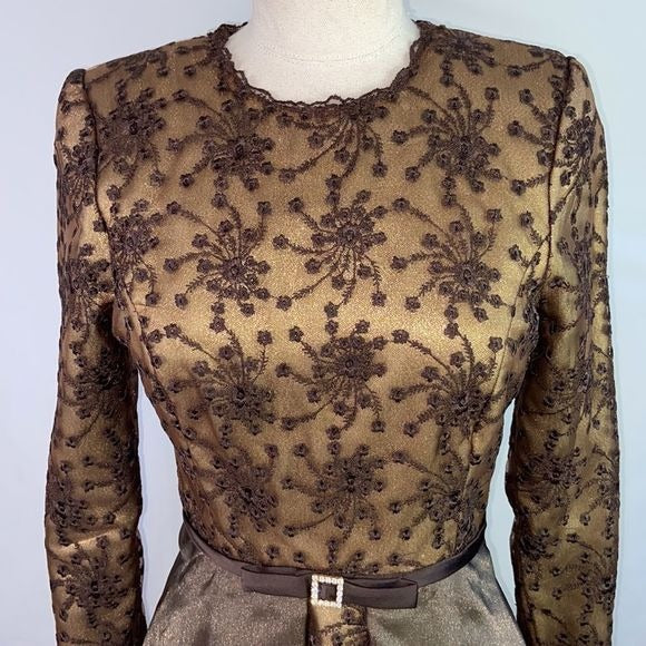 Saks Fifth Avenue Prince Vintage Brown Metallic Embroidery Fit Flare Dress