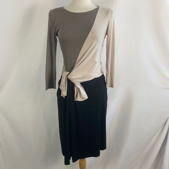 Paule Ka Tan Cream Black Tie Front Knit Dress