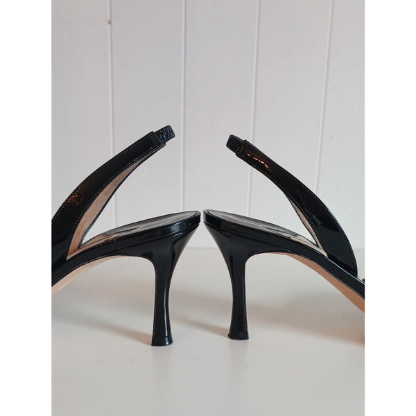 MANOLO BLAHNIK BLK WOVEN/ PATENT SLING BACKS SHOES.