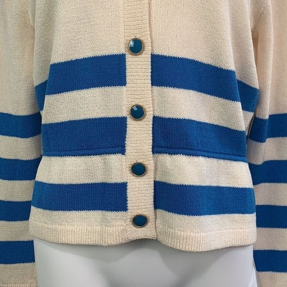 St. John NWT cream blue striped knit cardigan