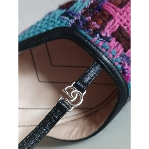 GUCCI DOUBLE G LOGO TWEED T'- STRAP PUMPS SANDALS.