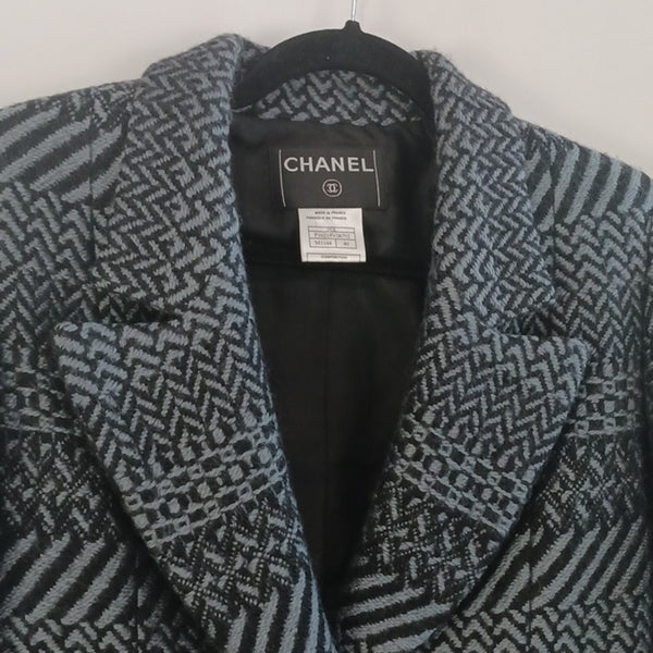CHANEL  Gray Wool Print W Beads Jkt/ Skt/ Scarf.