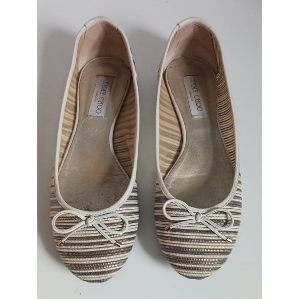 JIMMY CHOO  BLK CR STRIPED BALLET FLATS.