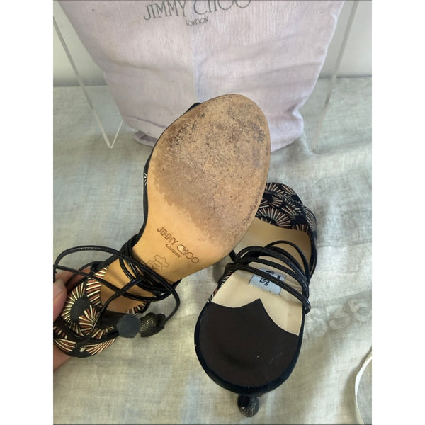JIMMY CHOO BLACK PRINT LACED LEG HEEL SHOES