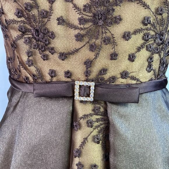 Saks Fifth Avenue Prince Vintage Brown Metallic Embroidery Fit Flare Dress
