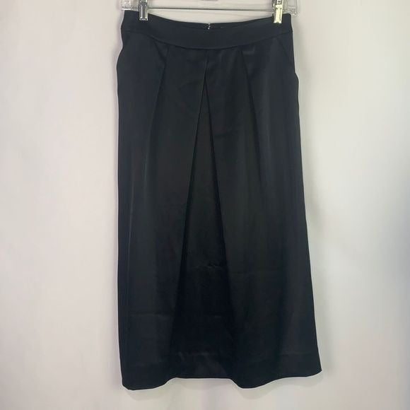 St. John Black Satin Pleated Midi Skirt