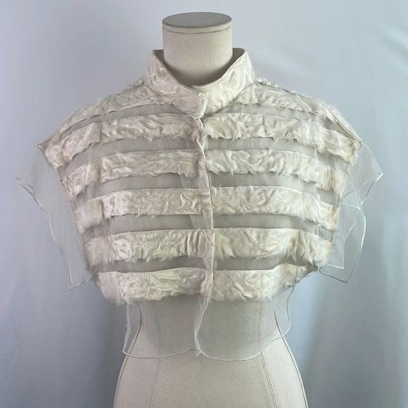 Akris Cream Silk Faux Fur Striped Crop Jacket