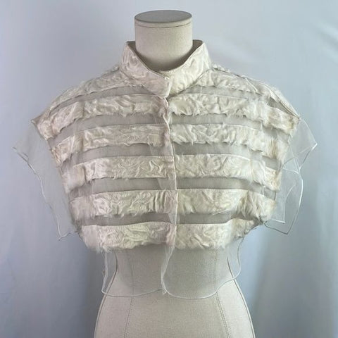 Akris Cream Silk Faux Fur Striped Crop Jacket