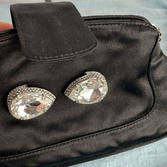 Tods Black Satin With Crystal Clasp Evening Bag