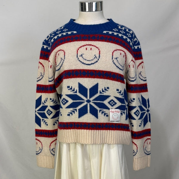 Sandro Red, White and Blue Smiley Sweater