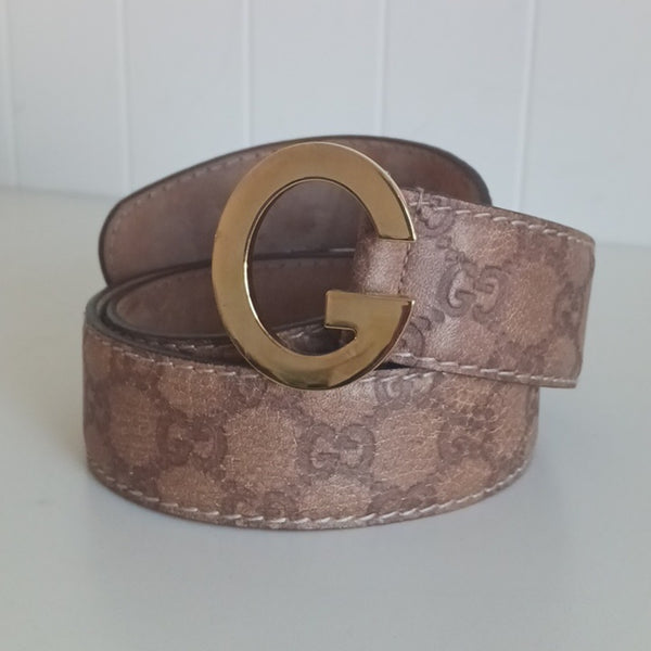 Gucci Brown Logo Leather with Gold G Buckle Belt.