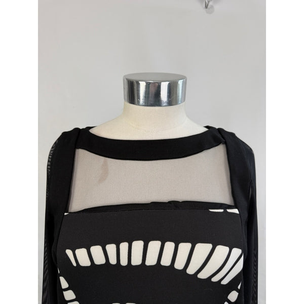 ANN FONTAINE BLACK CREAM PRINT DRESS WITH SHEER SLEEVES