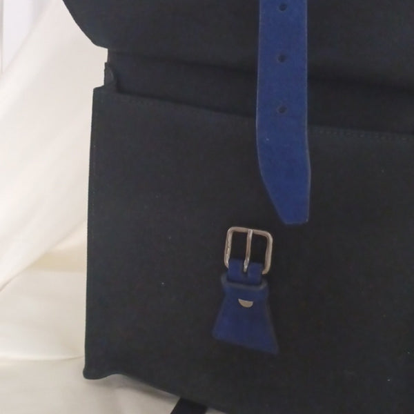 Salvatore Ferragamo Blk Canvas W Blue Suede Trim Bag.