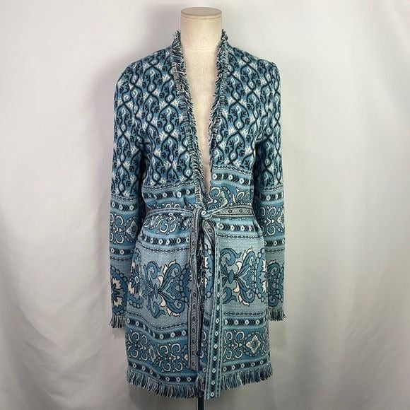 St John Blue Print Long Cardigan With Belt