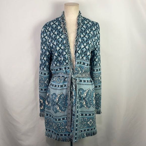 St John Blue Print Long Cardigan With Belt