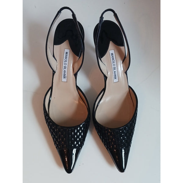 MANOLO BLAHNIK BLK WOVEN/ PATENT SLING BACKS SHOES.