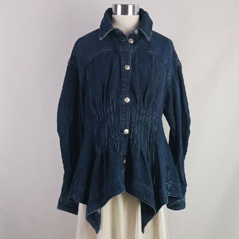 Anthropologie Blue Denim Pleated Waist Shirt Jacket