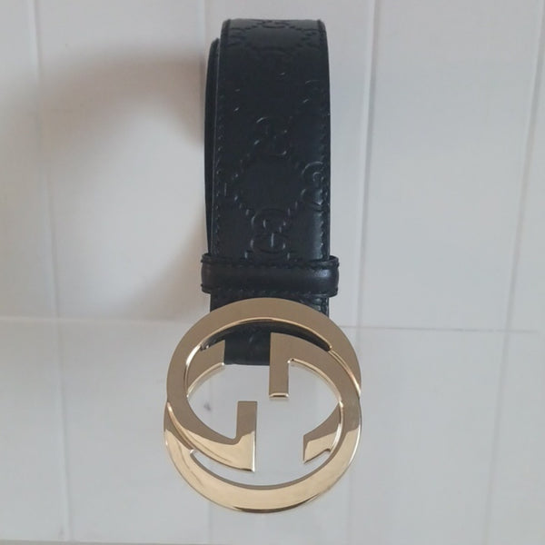 Gucci Black Guccissima Leather Embossed Belt with Gold GG Buckle