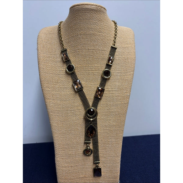 Vtg mesh and crystalGold-Tone Women’s Statement Necklace with Amber Gem Accents
