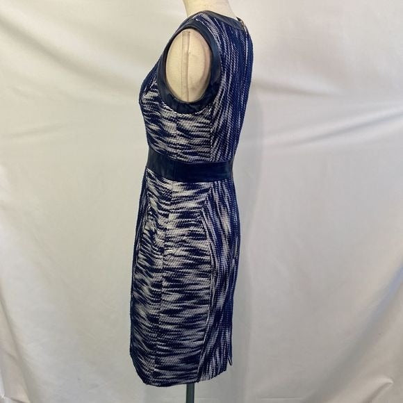 Milly Blue Print Sheath with Lamb Leather Trim Dress