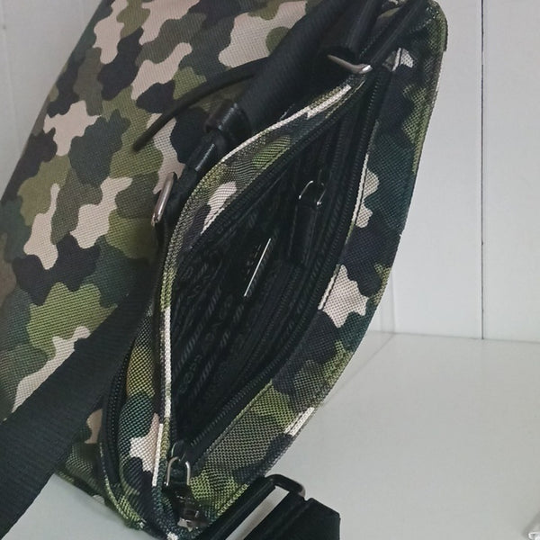 Prada Green Camo Canvas  Messenger Bag with Black Strap.