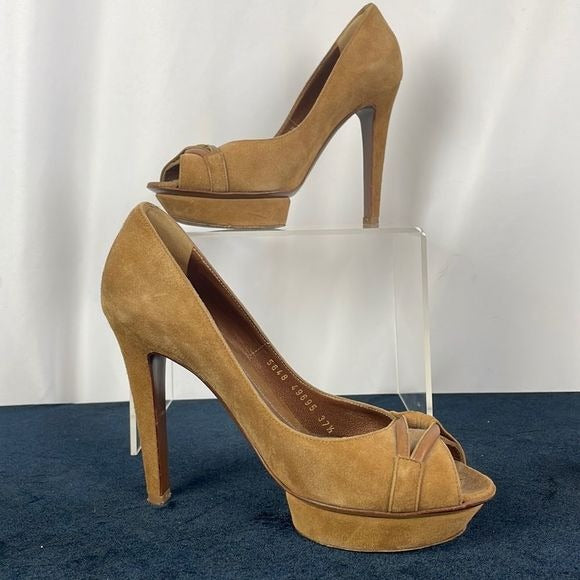 Sergio Rossi Tan Suede Peep Toe Platforms