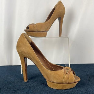 Sergio Rossi Tan Suede Peep Toe Platforms